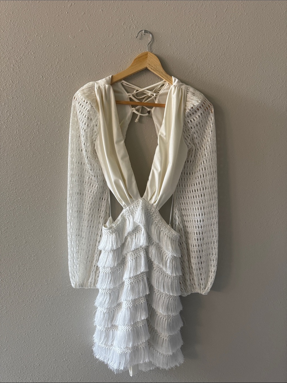 PatBO Ivory Backless Fringe Mini Dress with Knit Long Sleeves
